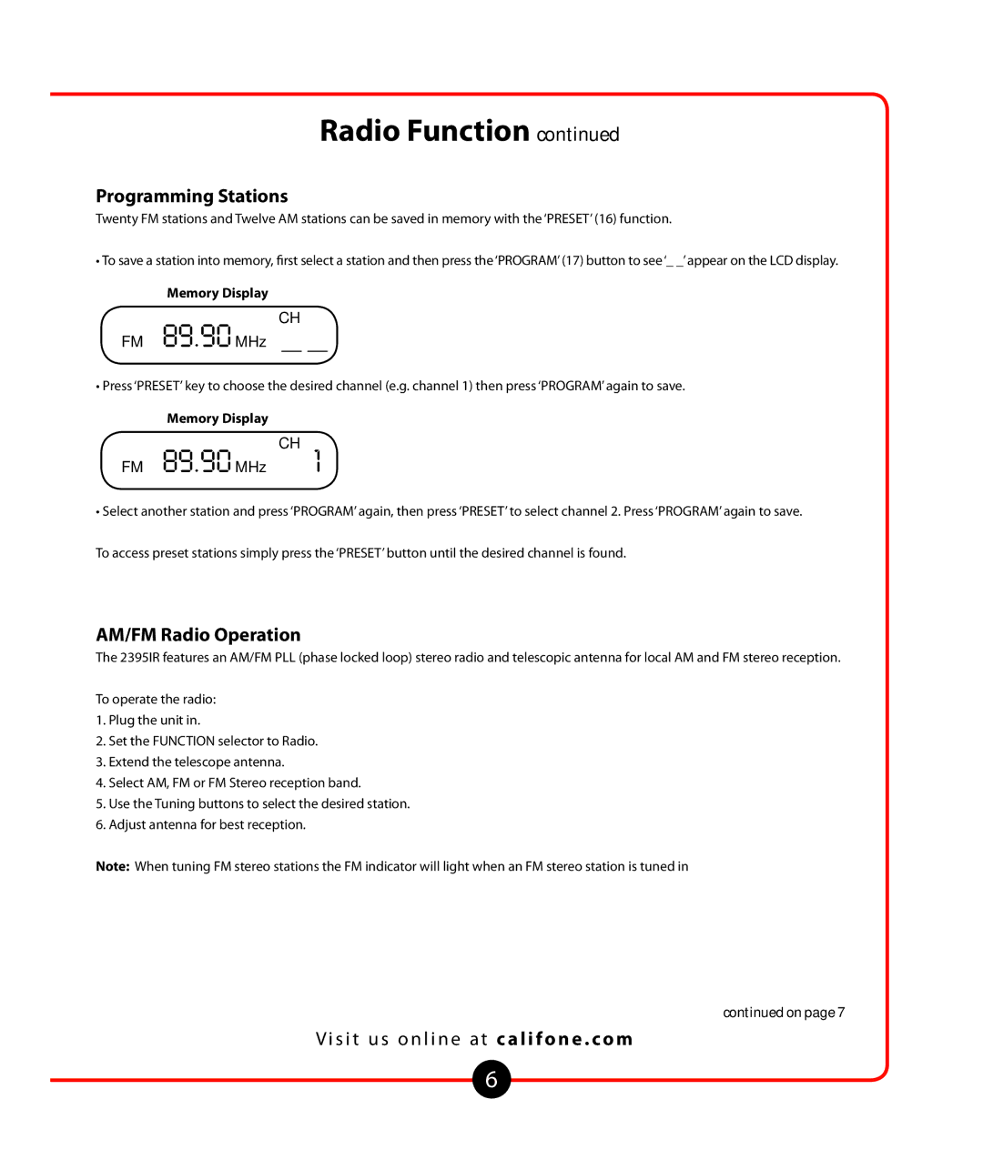 Califone Music Maker owner manual Programming Stations, AM/FM Radio Operation, Memory Display 