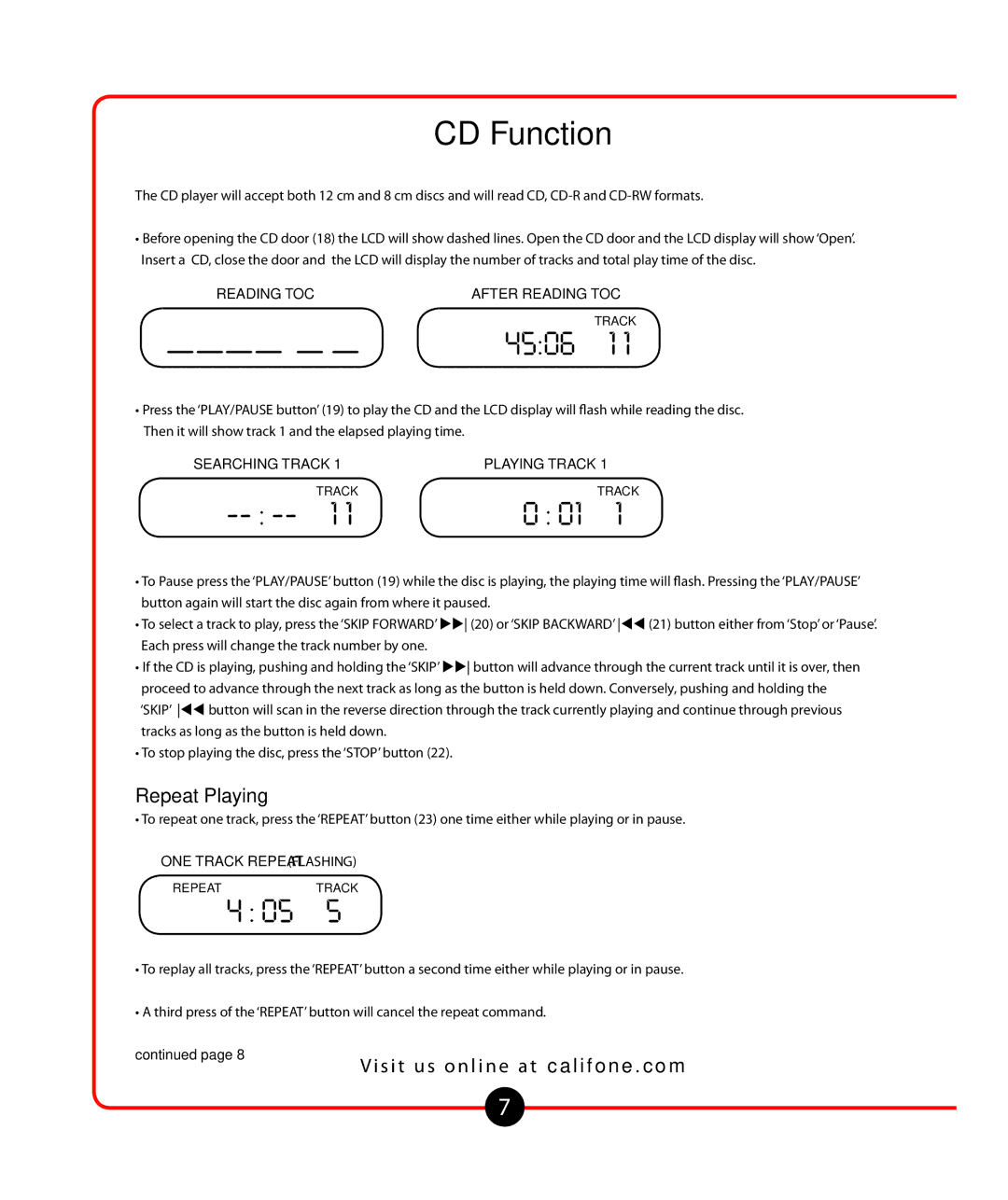 Califone Music Maker owner manual CD Function, Repeat Playing 