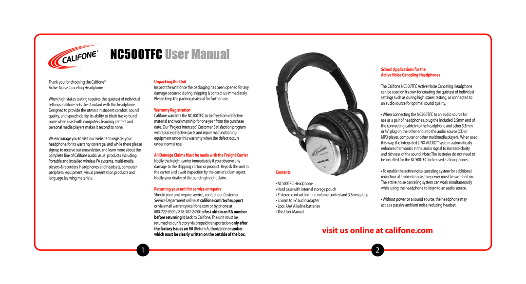 Califone NC500TFC user manual Visit us online at califone.com, School Applications for Active Noise Canceling Headphones 