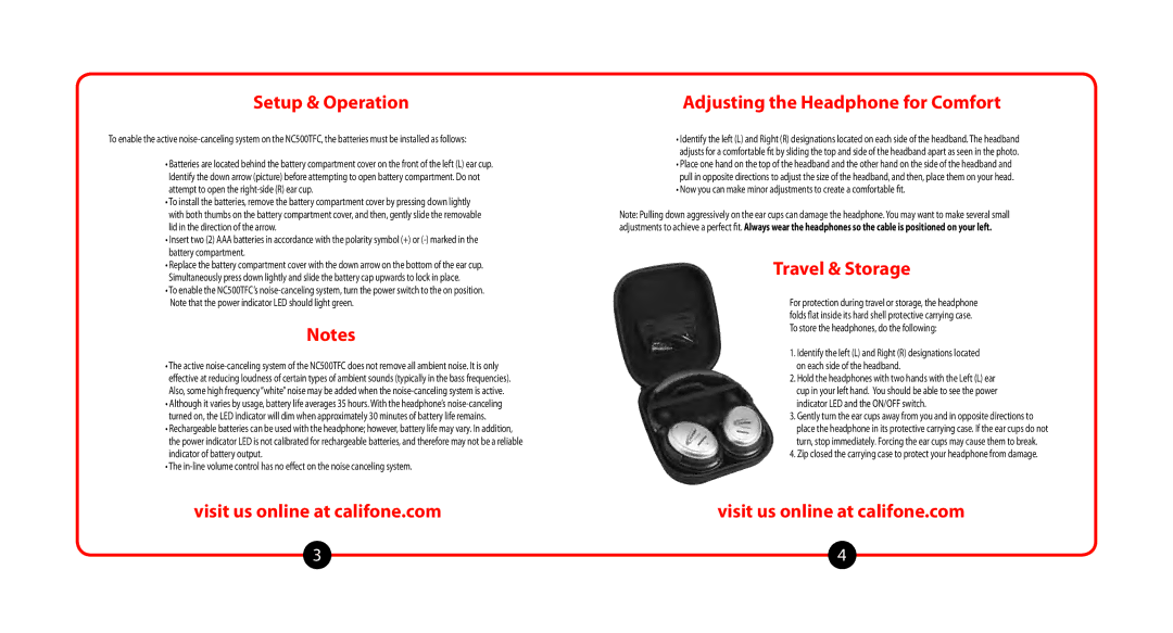 Califone NC500TFC user manual Setup & Operation, Travel & Storage 