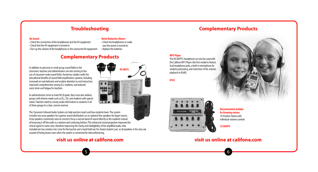 Califone NC500TFC user manual Troubleshooting, Visit us online at califone.com Complementary Products 