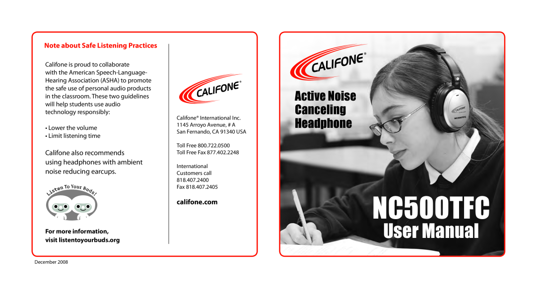 Califone NC500TFC user manual Active Noise Canceling Headphone, Note about Safe Listening Practices 