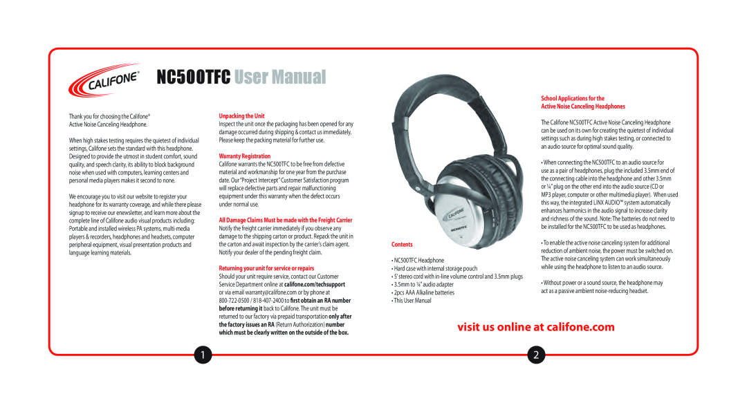 Califone NC500TFC user manual School Applications for the, Active Noise Canceling Headphones, Unpacking the Unit, Contents 