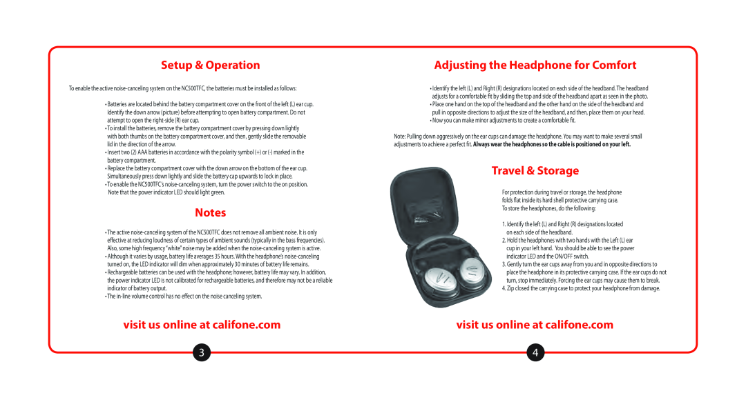 Califone NC500TFC user manual Setup & Operation, Adjusting the Headphone for Comfort, Travel & Storage 