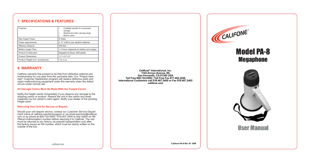 Califone Pa-8 user manual Specifications & Features, Warranty 