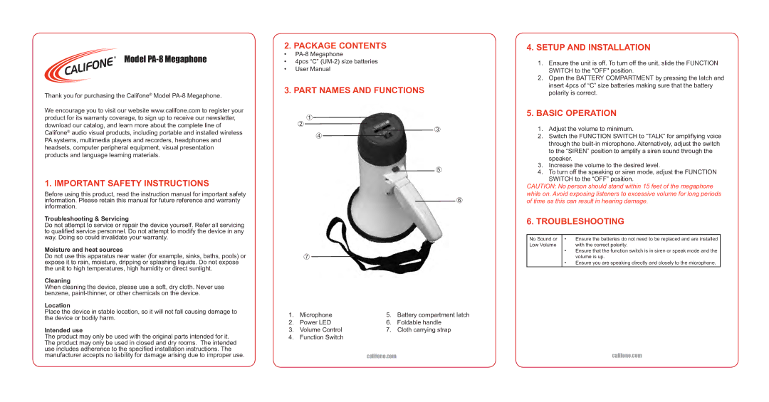 Califone Pa-8 user manual Important Safety Instructions, Package Contents, Part Names and Functions, Setup and Installation 