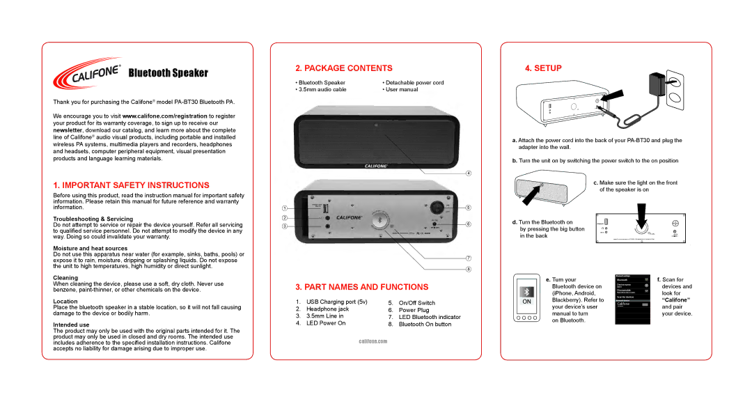 Califone PA-BT30 warranty Important Safety Instructions, Package Contents, Part Names and Functions, Setup 