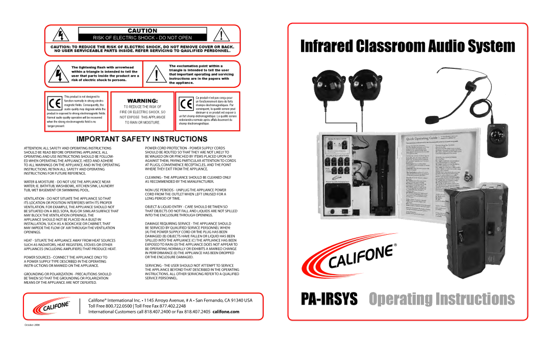 Califone important safety instructions PA-IRSYSOperating Instructions 