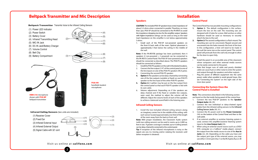 Califone PA-IRSYS Beltpack Transmitter and Mic Description Installation, Speakers, Control Panel, Infrared Ceiling Sensors 