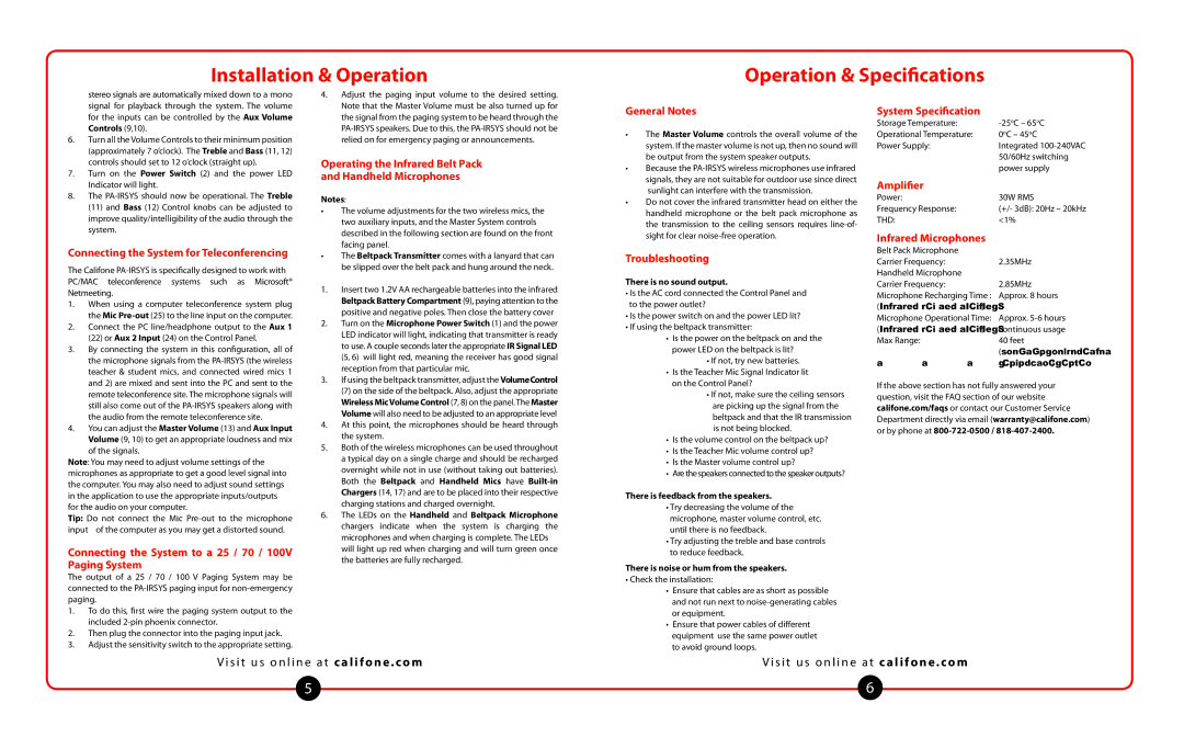 Califone PA-IRSYS important safety instructions Installation & Operation Operation & Specifications 