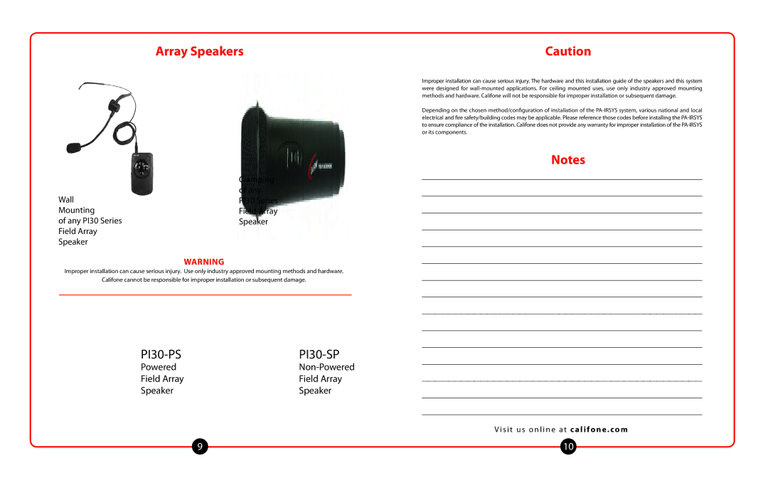 Califone PA-IRSYS important safety instructions Array Speakers, Any PI30 Series Speaker Field Array 