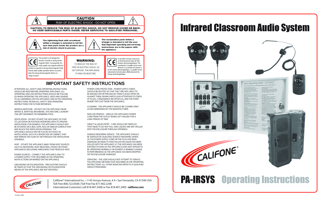 Califone important safety instructions Infrared Classroom Audio System, PA-IRSYS Operating Instructions 