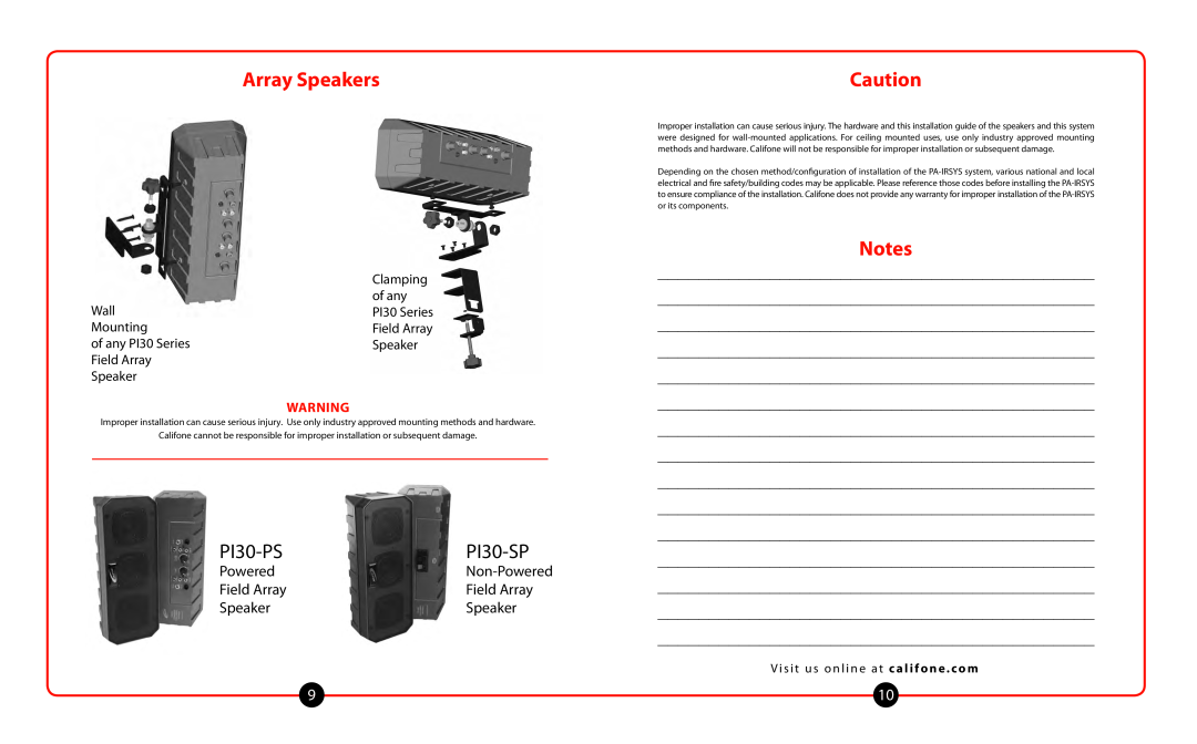 Califone PA-IRSYS Array Speakers, Field Array, PI30-PS, PI30-SP, Non-Powered, Clamping, Wall, of any, Mounting 
