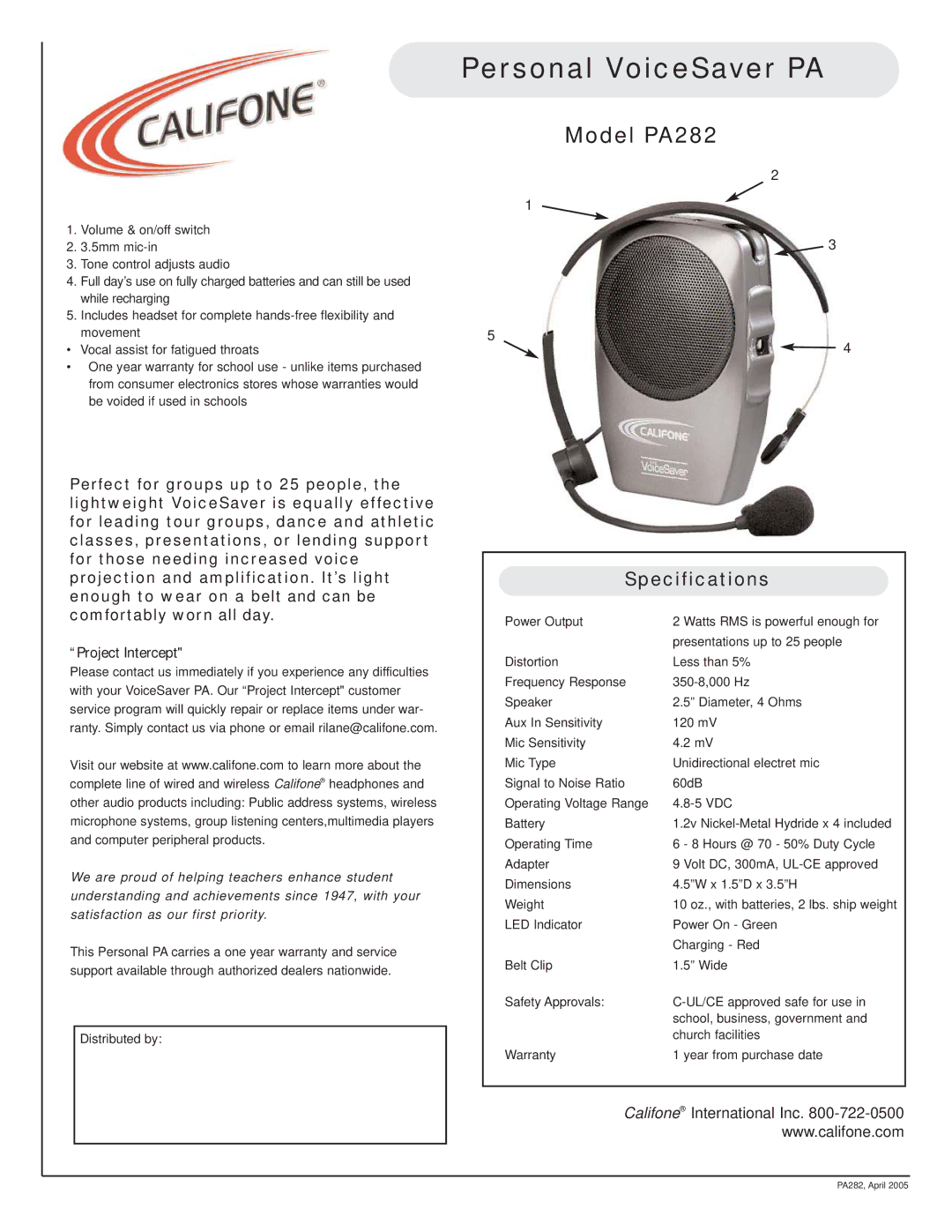 Califone specifications Personal VoiceSaver PA, Model PA282, Specifications 