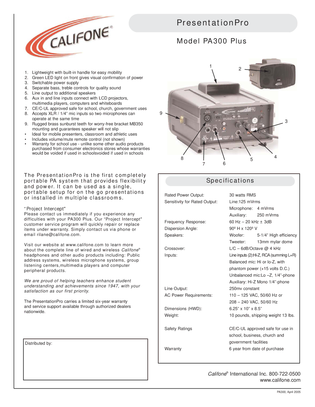 Califone specifications PresentationPro, Model PA300 Plus, Specifications 