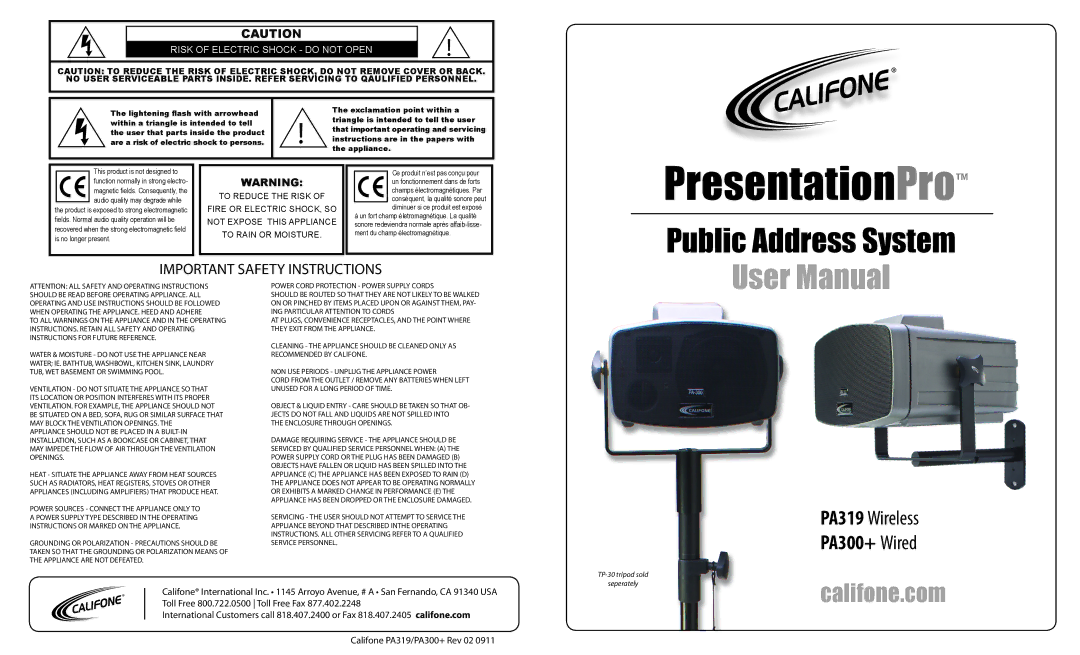 Califone PA319 Wireless, PA300+ Wired important safety instructions Califone.com 