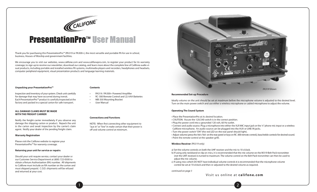 Califone PA300+ Wired Unpacking your PresentationPro, Warranty Registration, Returning your unit for service or repairs 