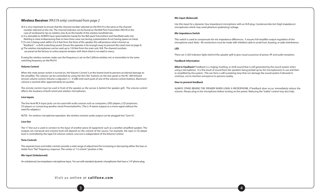 Califone PA319 Wireless Volume Control, Line Inputs, Line Out, Tone Controls, Mic Input Unbalanced, Mic Input Balanced 