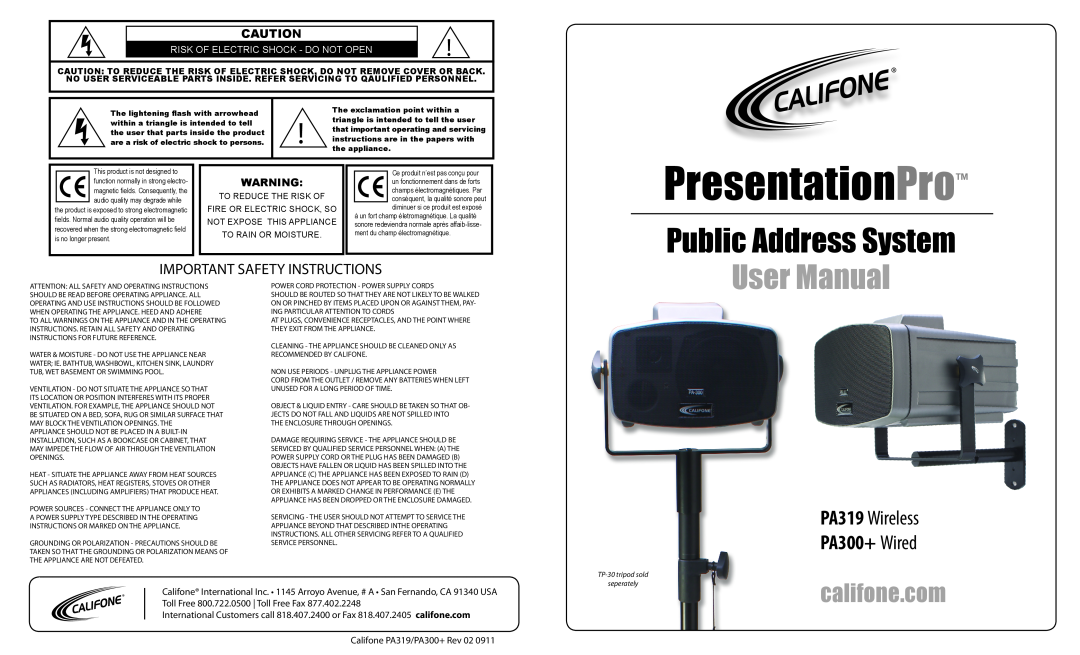 Califone PA319 Wireless important safety instructions User Manual, califone.com, PA300+ Wired, Public Address System 