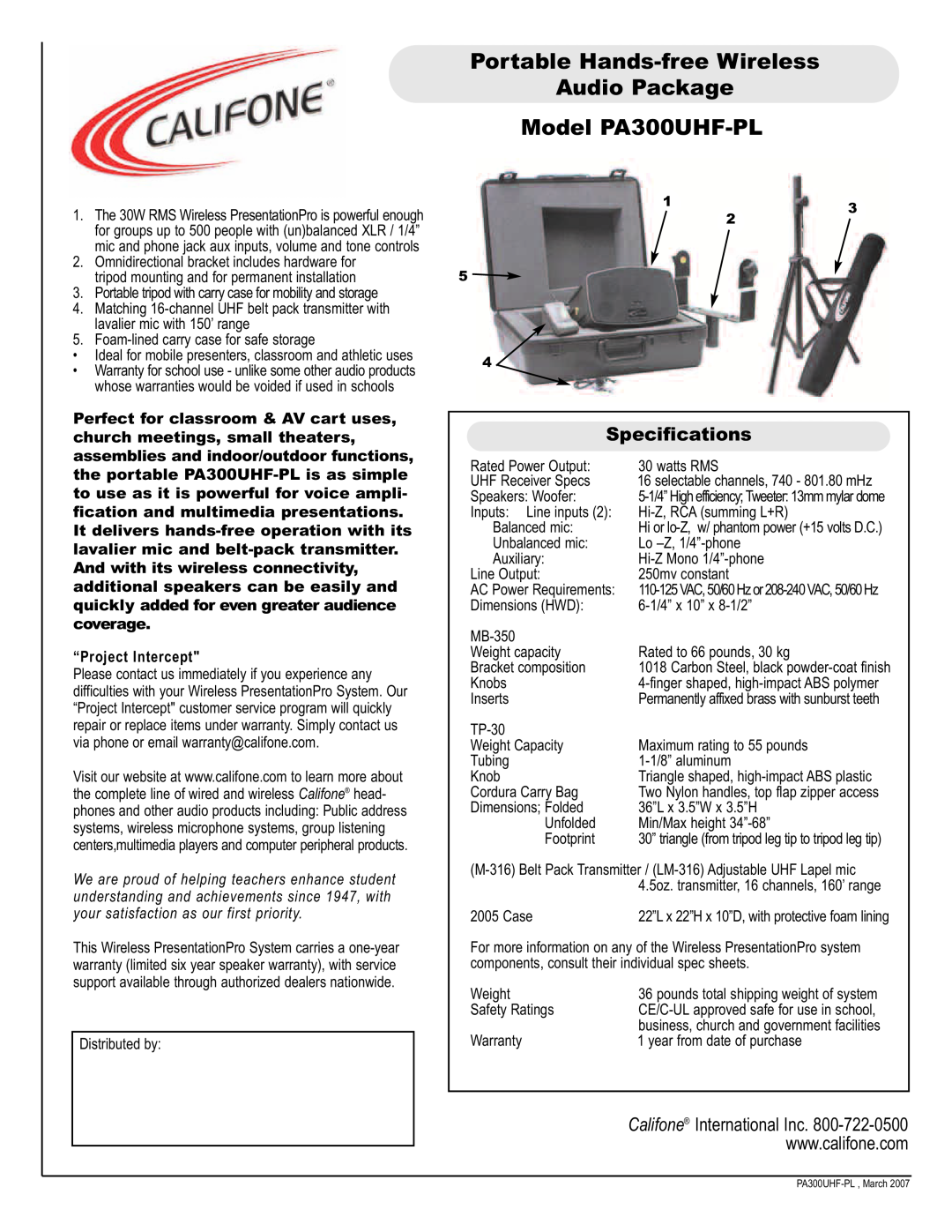 Califone specifications Portable Hands-freeWireless Audio Package, Model PA300UHF-PL, Specifications 