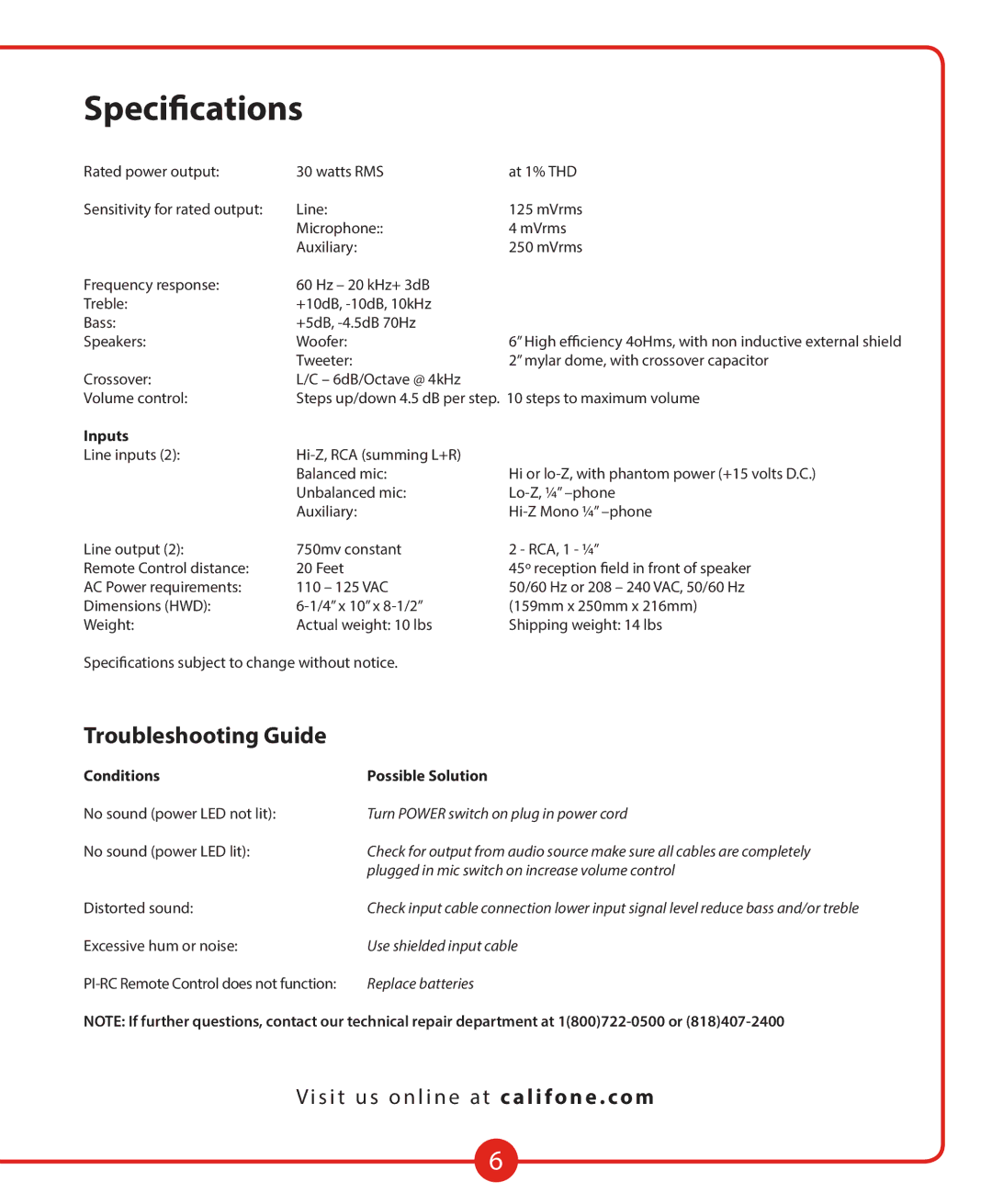 Califone PA310 owner manual Specifications, Troubleshooting Guide, Inputs, Conditions Possible Solution 