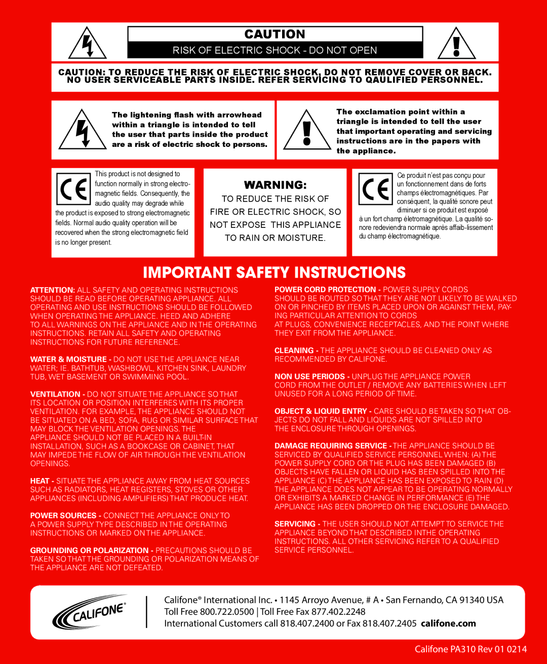 Califone PA310 owner manual Important Safety Instructions 