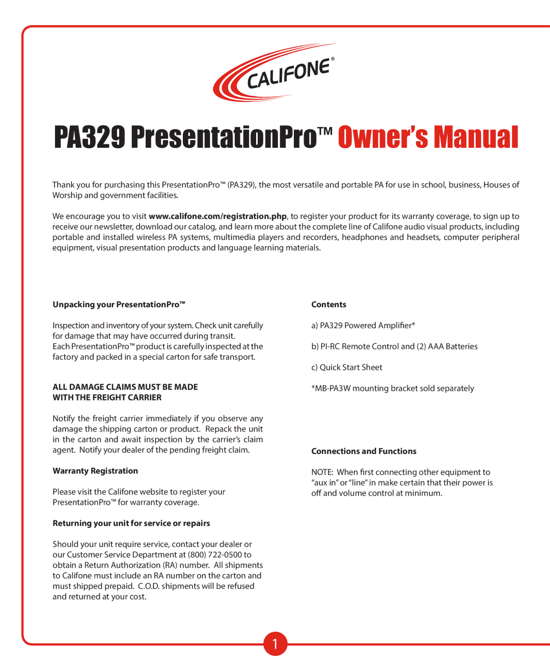 Califone PA329 owner manual ALL Damage Claims Must be Made With the Freight Carrier 