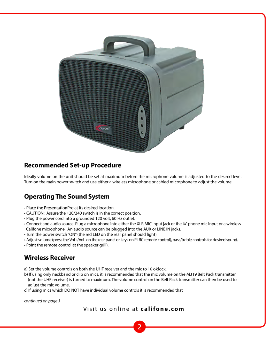 Califone PA329 owner manual Recommended Set-up Procedure, Operating The Sound System, Wireless Receiver 