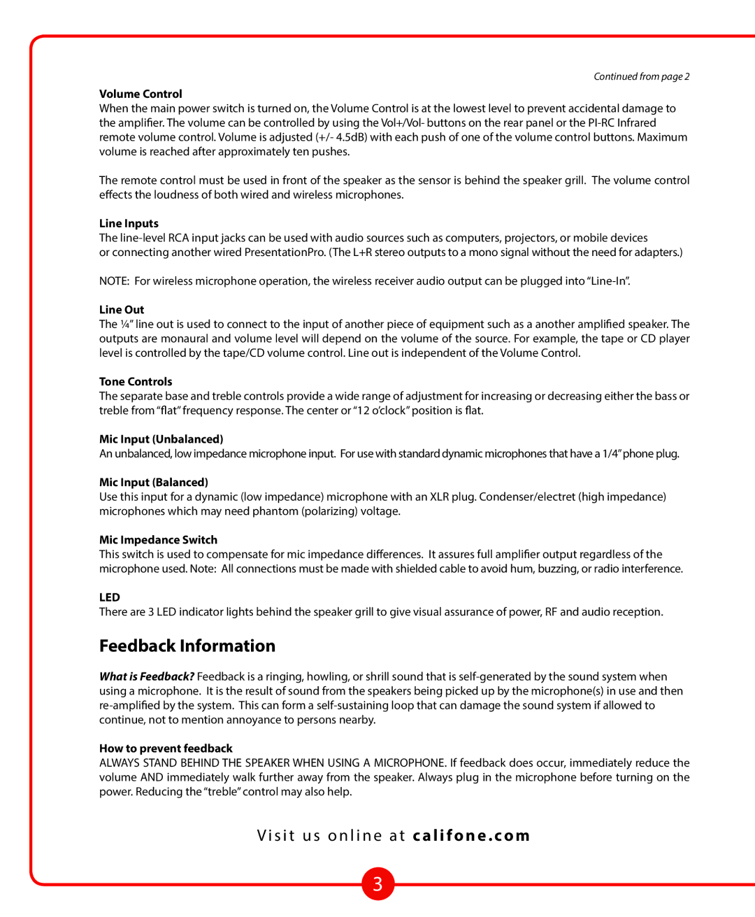 Califone PA329 owner manual Feedback Information, Led 