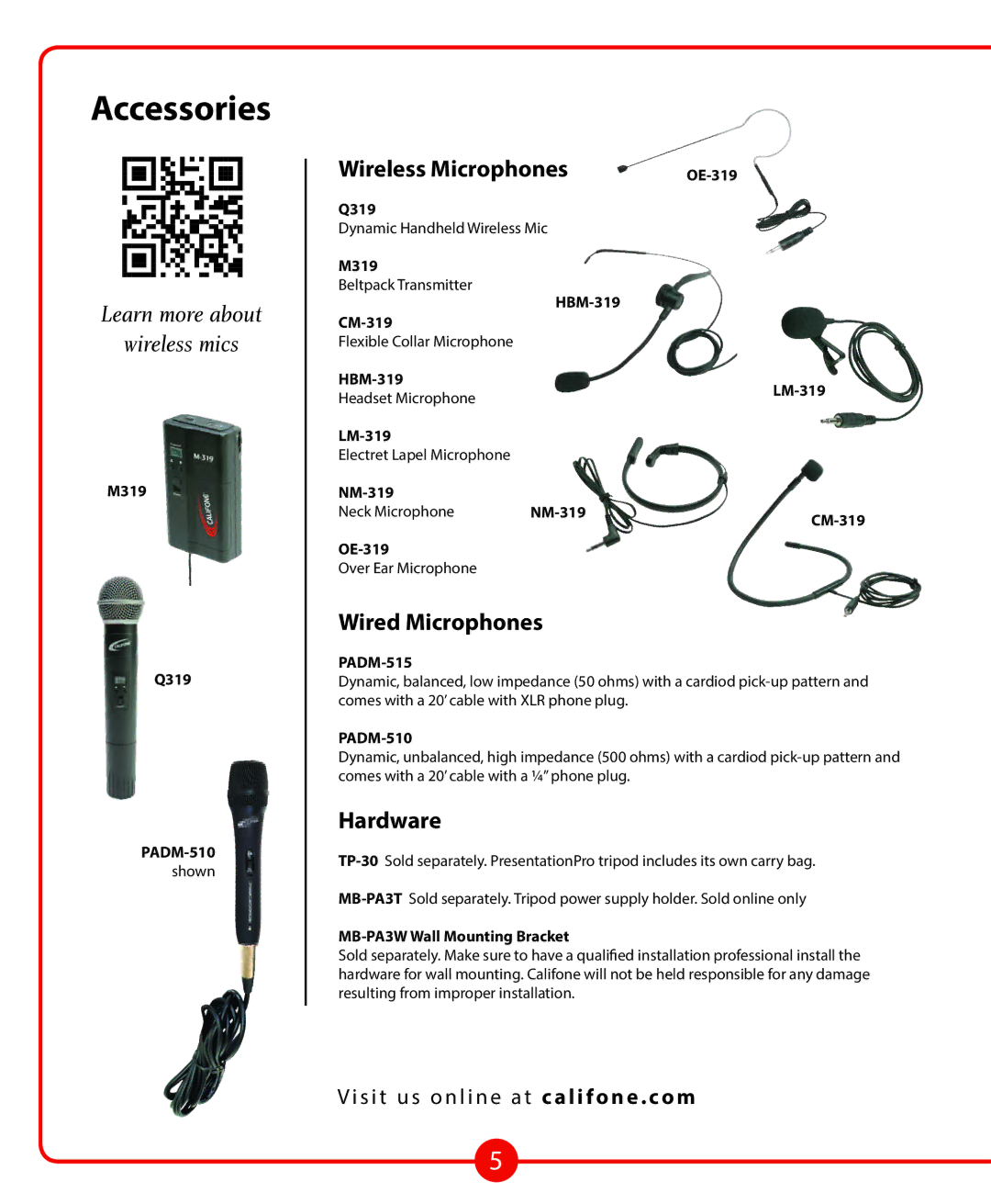 Califone PA329 owner manual Accessories, Wireless Microphones, Wired Microphones, Hardware 