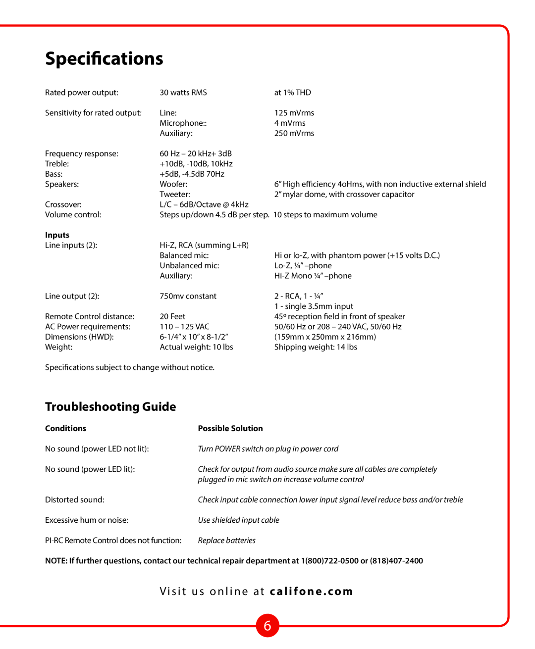 Califone PA329 owner manual Specifications, Troubleshooting Guide, Inputs, Conditions Possible Solution 