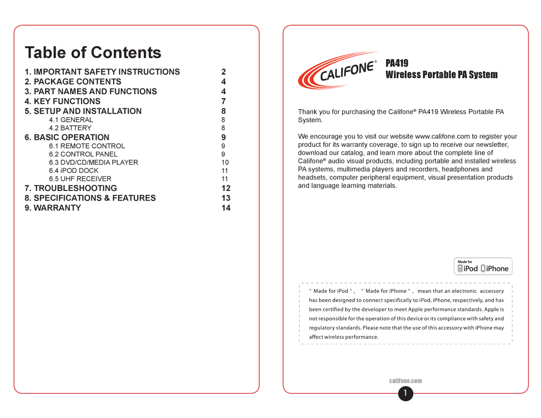 Califone PA419 user manual Table of Contents 