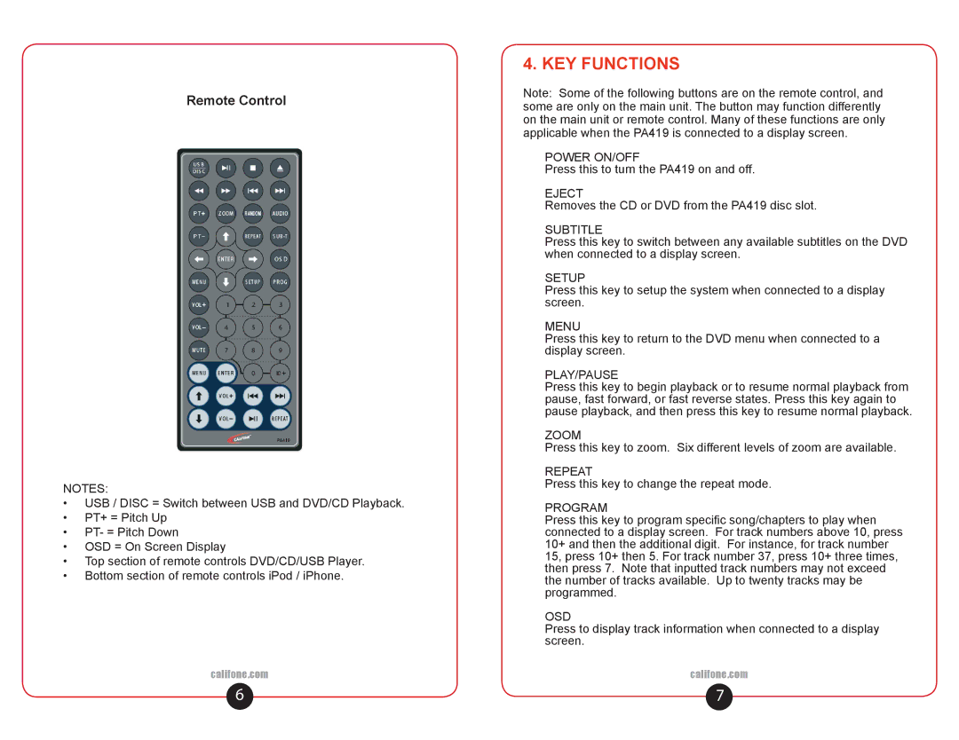 Califone PA419 user manual KEY Functions, Remote Control 