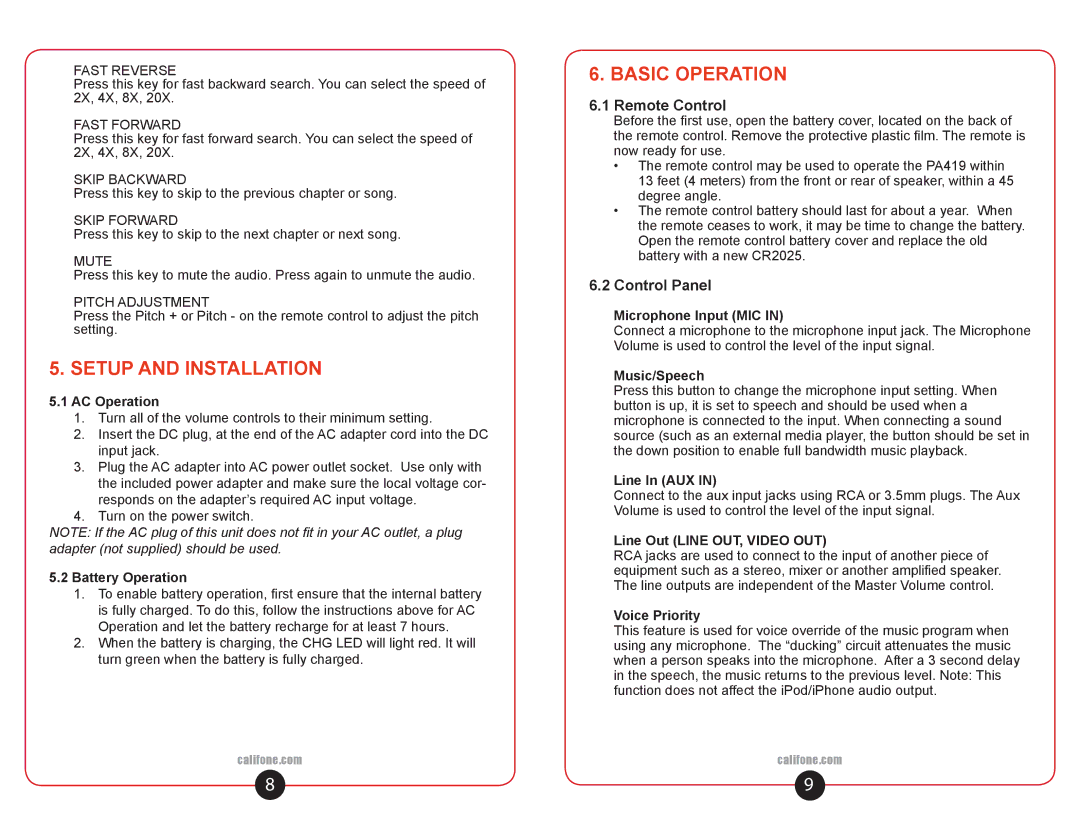 Califone PA419 user manual Setup and Installation, Basic Operation 