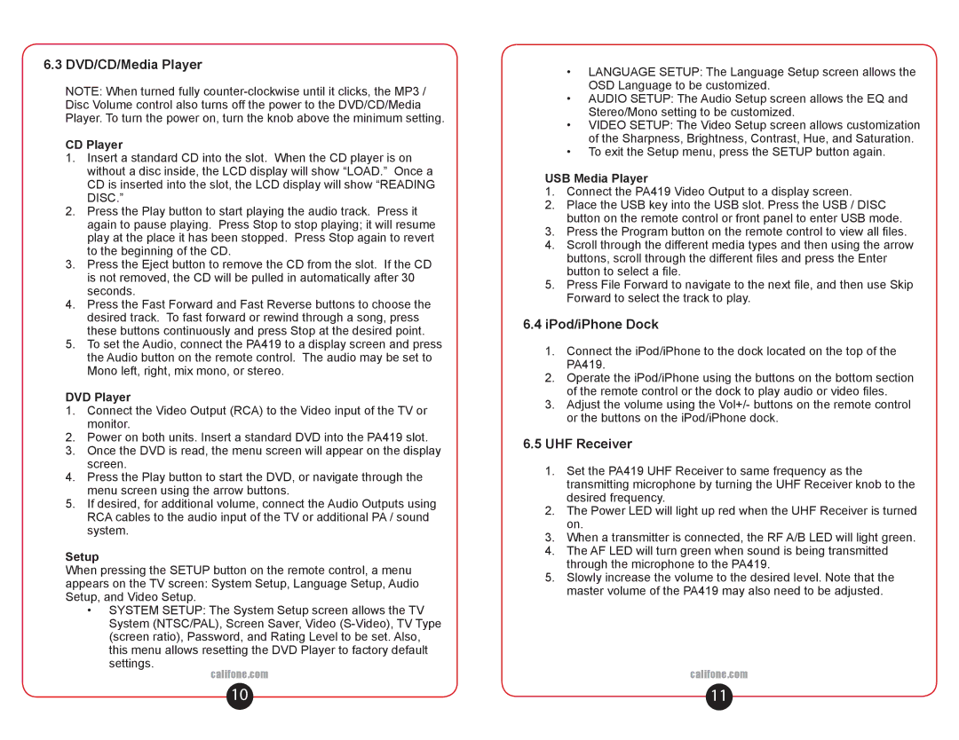 Califone PA419 user manual IPod/iPhone Dock, CD Player, DVD Player, Setup, USB Media Player 
