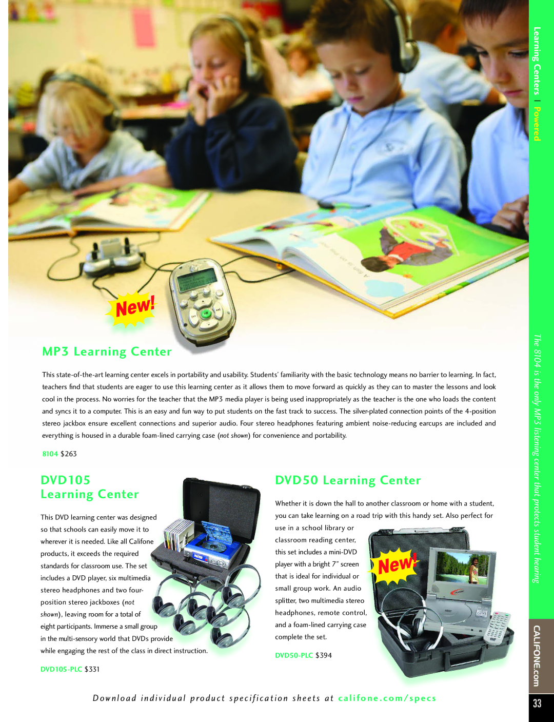 Califone PA616 manual MP3 Learning Center, DVD105 Learning Center, DVD50 Learning Center, That protects student hearing 