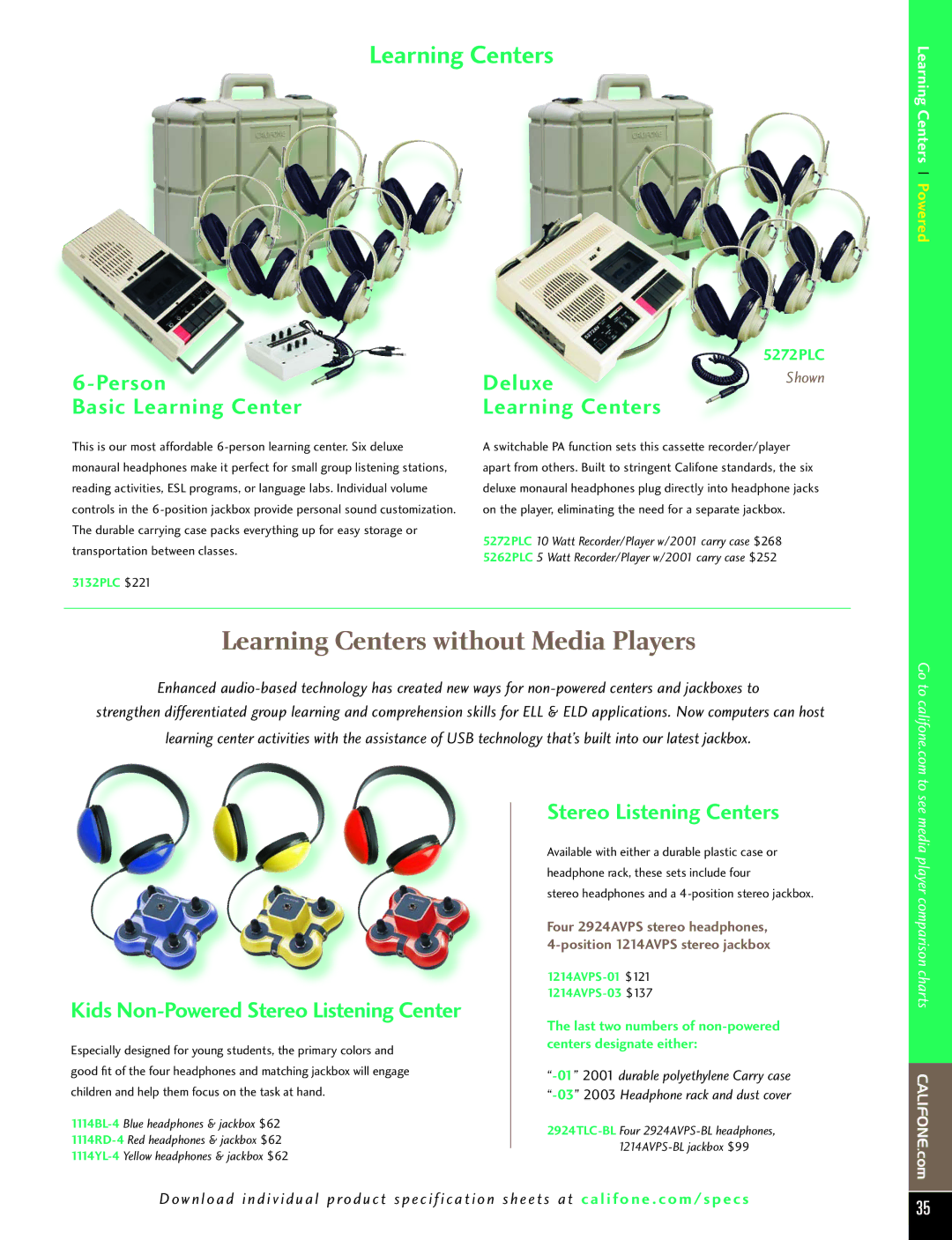 Califone PA616 manual Learning Centers without Media Players, Person Deluxe, Kids Non-Powered Stereo Listening Center 