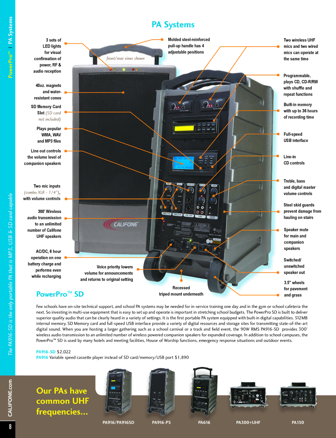 Califone PA616 manual PowerPro SD, Systems, Portable PA that is MP3, USB & SD card capable, PA916-SD $2,022 