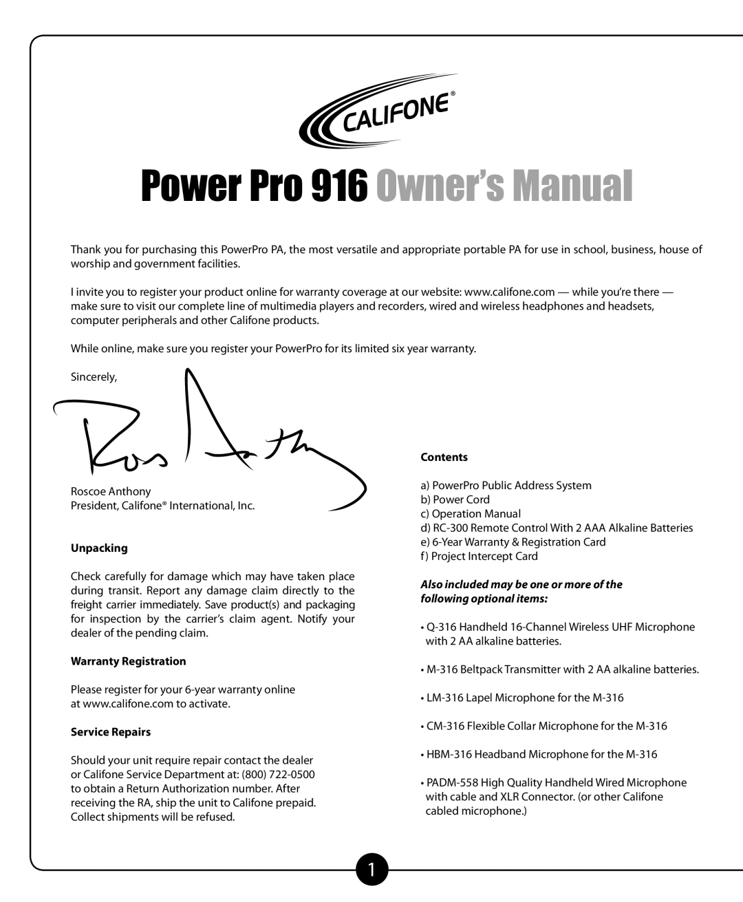 Califone PA916 -SP, PA916 -PS owner manual Unpacking, Warranty Registration Service Repairs, Contents 