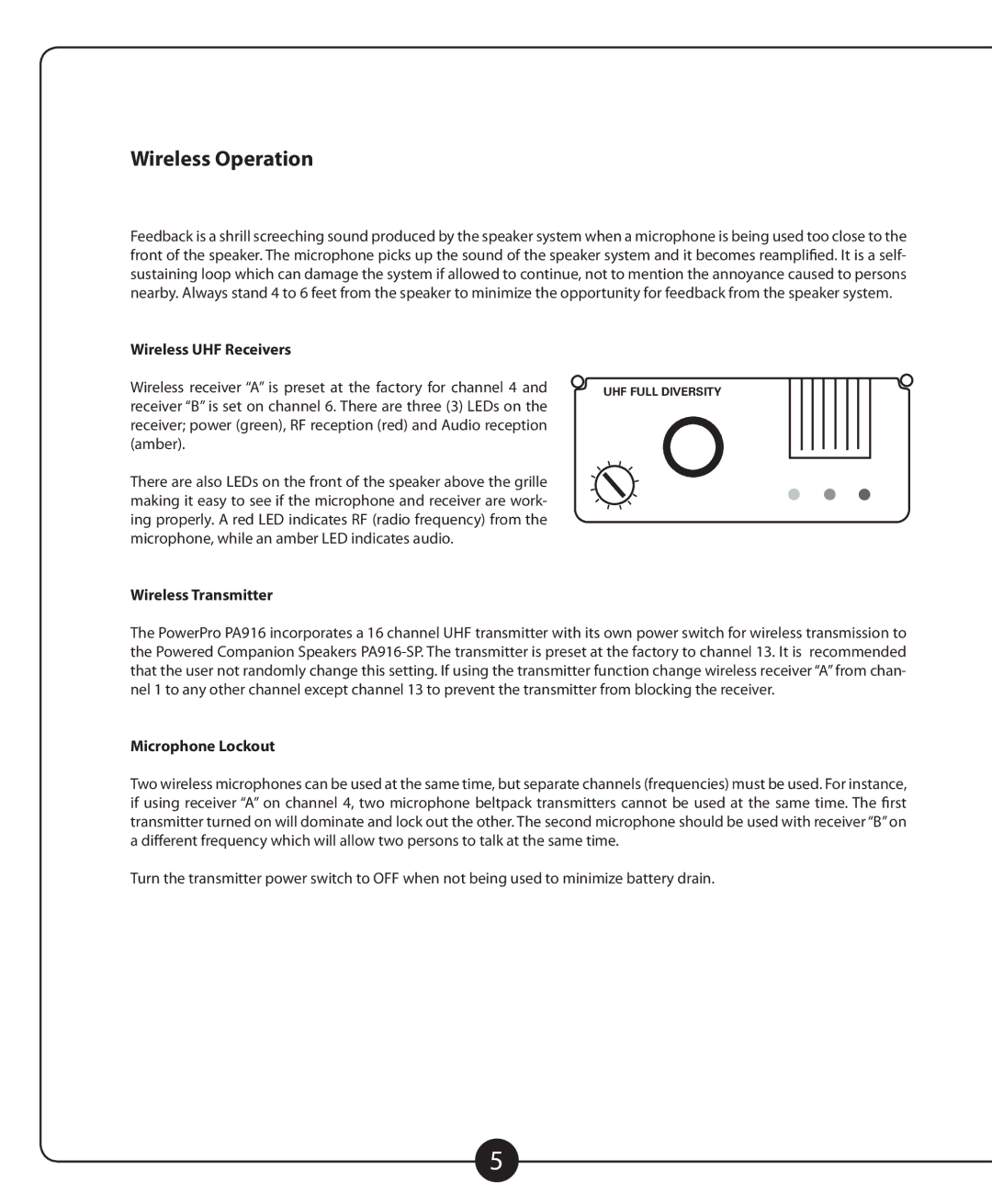 Califone PA916 -PS, PA916 -SP Wireless Operation, Wireless UHF Receivers, Wireless Transmitter, Microphone Lockout 