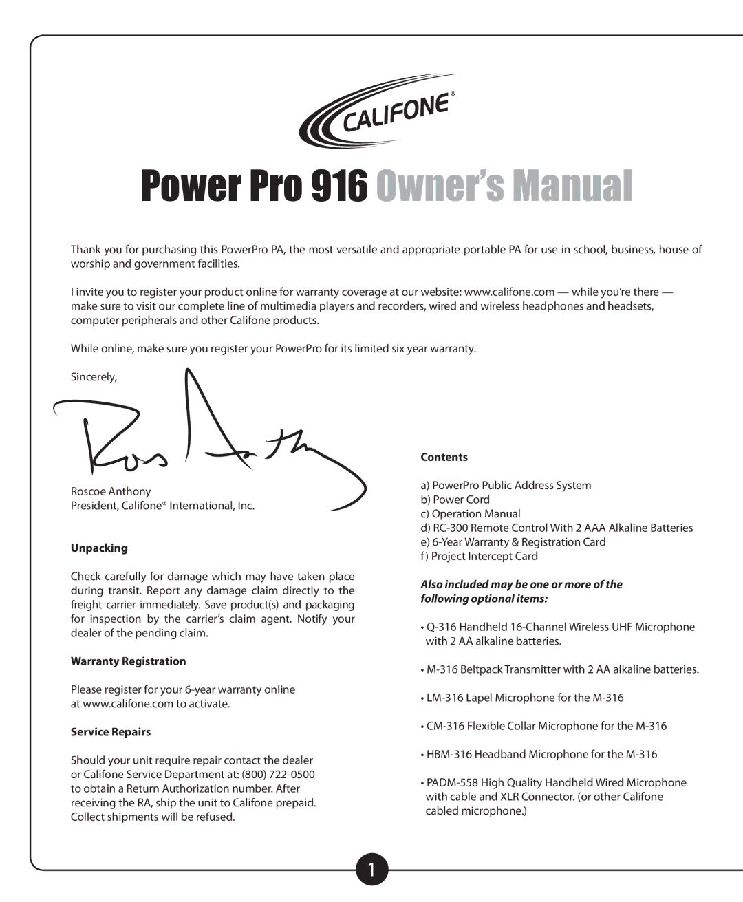 Califone PA916-SP, PA916-PS owner manual Unpacking, Warranty Registration Service Repairs, Contents 