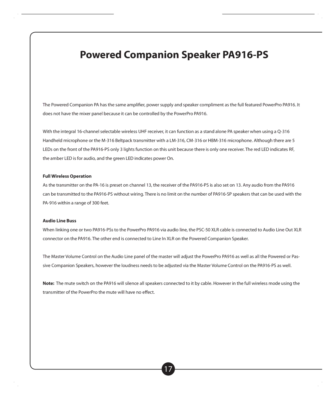 Califone PA916-SP, PA916-SD owner manual Powered Companion Speaker PA916-PS, Full Wireless Operation, Audio Line Buss 