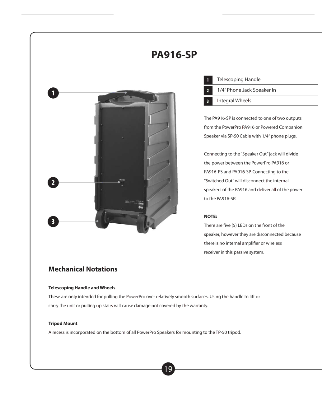 Califone PA916-PS, PA916-SD owner manual PA916-SP, Telescoping Handle and Wheels, Tripod Mount 