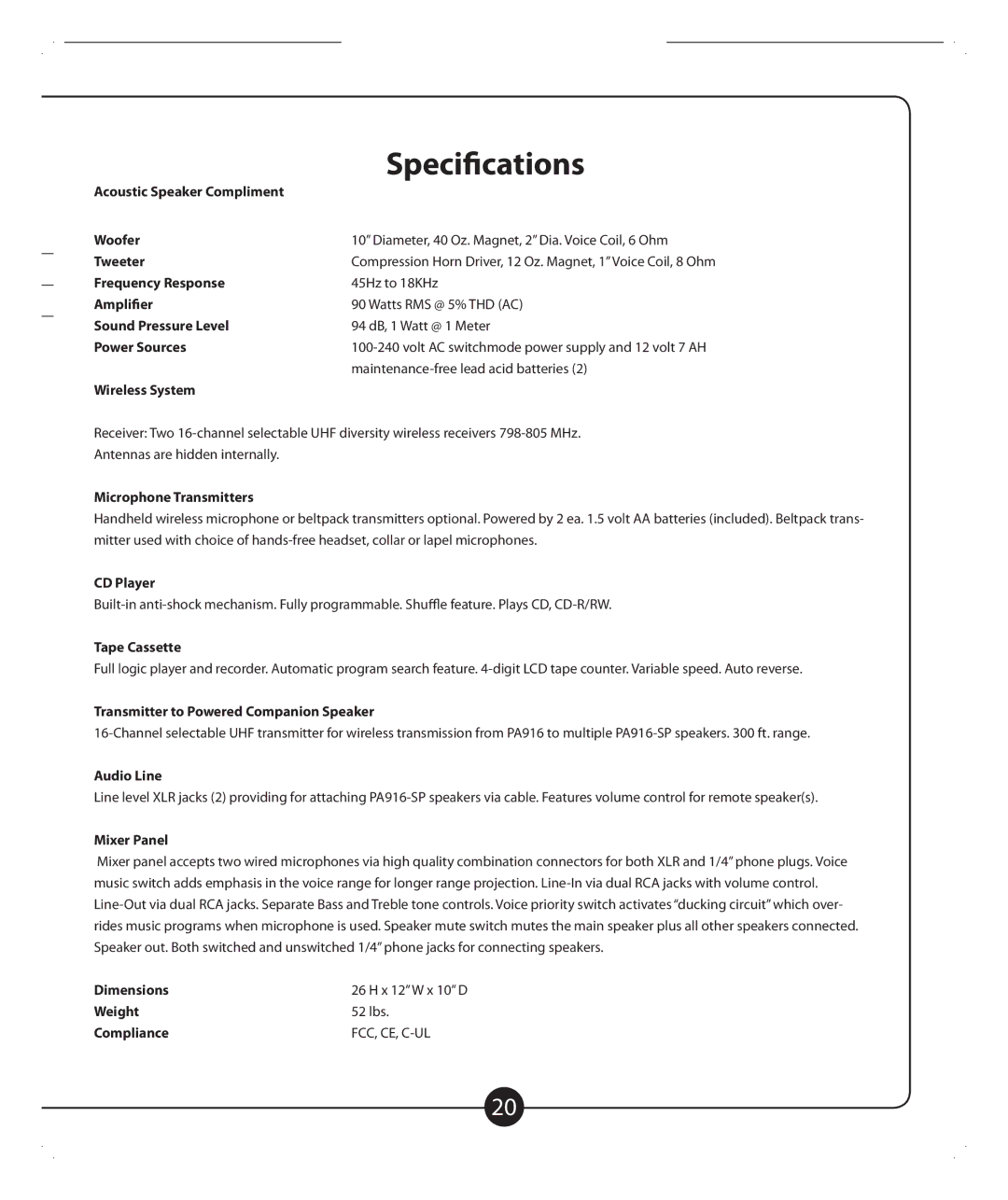 Califone PA916-SP, PA916-SD, PA916-PS owner manual Specifications 