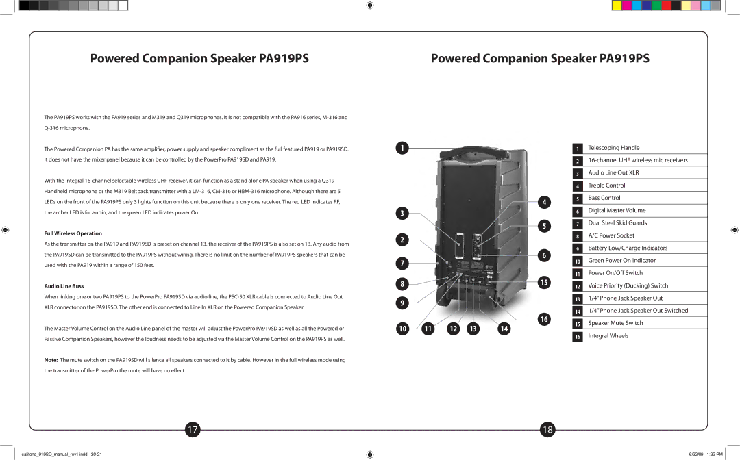 Califone PA919SD owner manual Powered Companion Speaker PA919PS, Full Wireless Operation, Audio Line Buss 