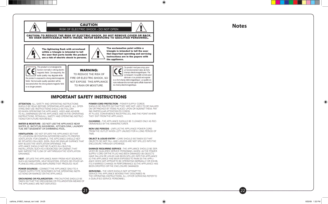 Califone PA919PS, PA919SD owner manual Risk of Electric Shock do not Open 