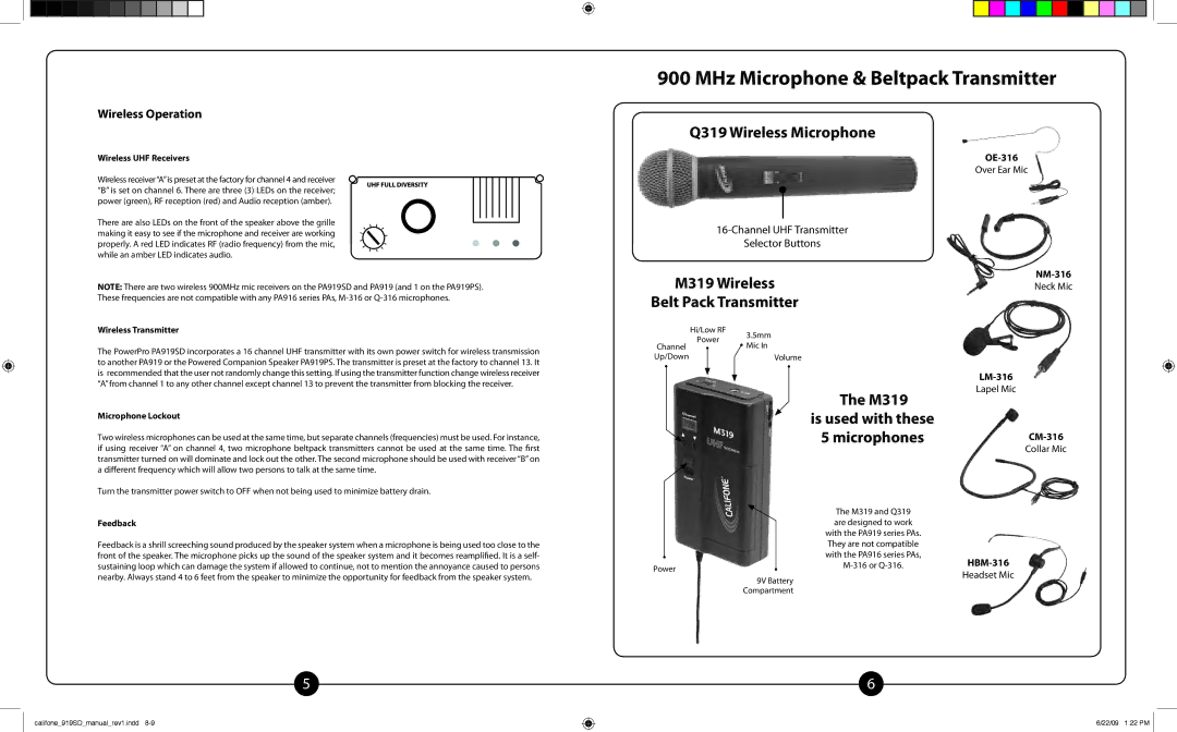 Califone PA919PS, PA919SD owner manual MHz Microphone & Beltpack Transmitter, Wireless Operation 