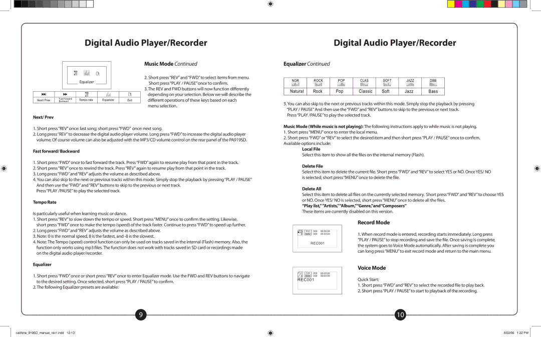 Califone PA919PS, PA919SD owner manual Equalizer, Record Mode, Voice Mode 