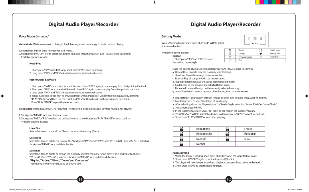 Califone PA919SD, PA919PS owner manual Setting Mode, Repeat setting 