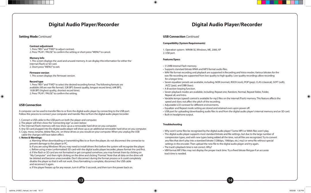 Califone PA919PS, PA919SD owner manual USB Connection 